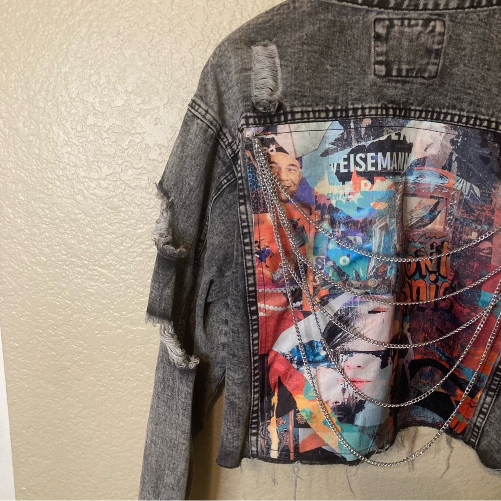 American Bazi Retro Acid Wash Cropped Denim Jacket With Chains Biker Bohemian 1X - Picture 11 of 16